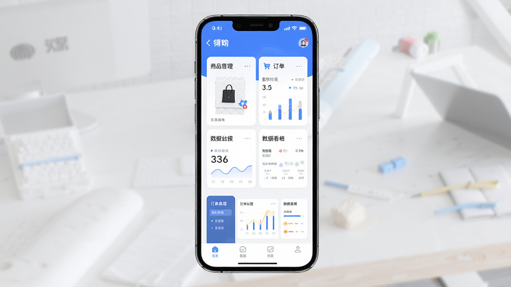 得物商家版App在手机屏幕上展示商家后台管理界面,主体为一部竖屏智能手机居中放置,布局上手机屏幕内显示商品管理、订单处理、数据看板等模块卡片,排版简洁清晰,风格为现代科技感UI设计,细节包括蓝白配色、图标圆角、数据图表元素,画质高清,干净,无多余元素