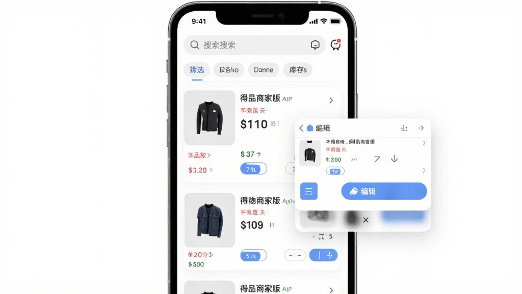 得物商家版App商品管理界面,主体为手机屏幕展示商品列表与编辑弹窗,布局采用上下结构,上方为搜索栏与筛选标签,下方为商品卡片列表,排版整齐,风格为扁平化商业UI,细节包括商品缩略图、价格标签、库存数字、编辑按钮,画质清晰,干净,无多余元素