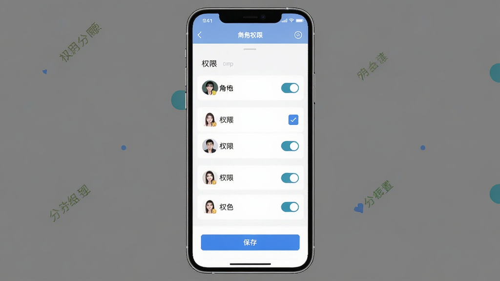 得物商家版App账号权限管理界面,主体为手机屏幕展示角色列表与权限开关,布局为分组设置项,排版简洁,风格为商务工具风,细节包括角色名称、权限勾选框、保存按钮,画质清晰,干净,无多余元素