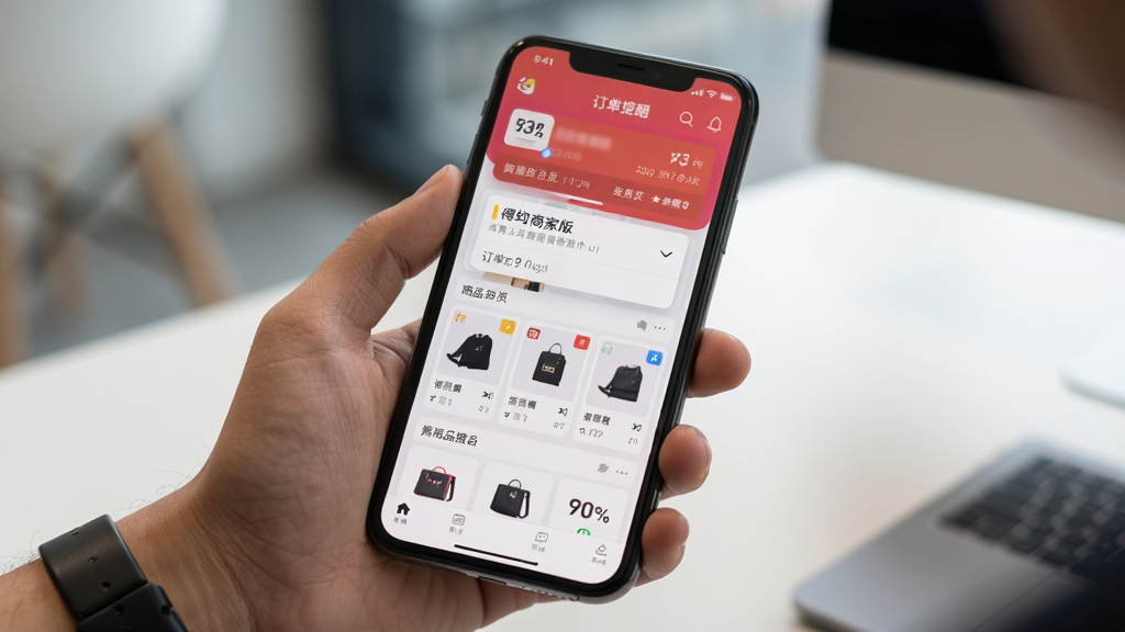 得物商家版App在安卓手机上的使用场景,主体为手持手机展示商家后台首页,布局为人物手部与手机屏幕,排版自然,风格为生活化商务场景,细节包括订单提醒弹窗、商品卡片、数据图标,画质清晰,干净,无多余元素