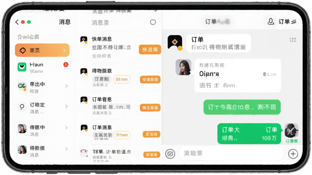 得物商家版App消息中心界面,主体为手机屏幕展示消息列表与聊天窗口,布局为左侧消息分类、右侧对话内容,排版清晰,风格为轻量社交UI,细节包括未读红点、快捷回复按钮、订单卡片,画质高清,干净,无多余元素