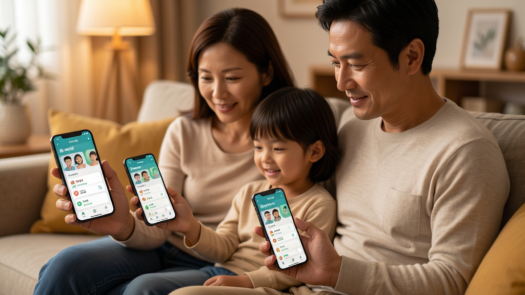 一个家庭场景,父母和孩子围坐在沙发上,各自拿着手机查看小卡健康APP,手机屏幕上显示不同家庭成员的健康档案卡片,背景是暖色调的客厅,画面布局以家庭人物为中心,风格温馨写实,细节包括手机屏幕上的头像和数据摘要,画质清晰,干净,无多余元素。