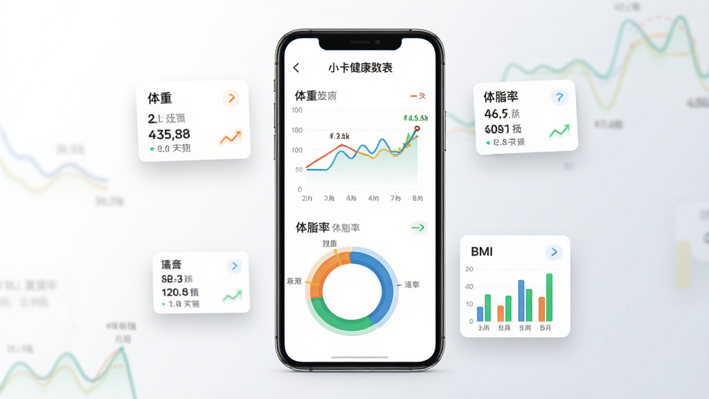 手机屏幕显示小卡健康的数据图表页面,包含体重折线图、体脂率圆环图和BMI柱状图,图表颜色鲜艳,数据标签清晰。手机旁边漂浮着几个数据小卡片,背景是白色到浅灰色的渐变,整体布局居中,风格商务简约,细节包括图表上的数值和趋势线,画质高清,干净,无多余元素。