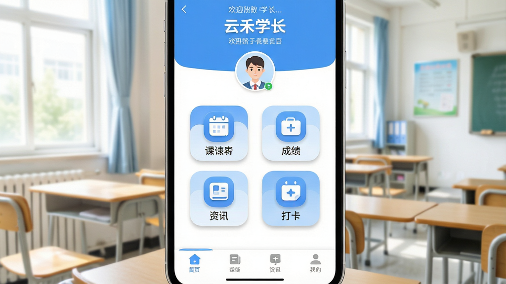 一张展示手机屏幕特写的图片,画面中央是“云禾学长”应用的主界面,界面上方显示欢迎语和用户头像,中间排列着课表、成绩、资讯、打卡四个功能图标,底部是导航栏;背景是明亮的校园教室场景,有课桌和窗户透进的自然光;整体风格清新简约,采用蓝白配色;细节上图标圆润、文字清晰、按钮有轻微阴影;画质高清,干净整洁,无多余元素。