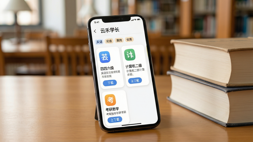 一张展示手机屏幕的图片,画面中“云禾学长”应用的学习资料页面正在展示,屏幕上排列着英语四六级、计算机二级、考研数学等资料卡片,每张卡片配有图标和简短说明;手机放置在图书馆桌面上,旁边有几本叠放的书籍;风格为清新学术风,色调偏暖;细节上卡片圆角设计、分类标签清晰、有下载按钮;画质清晰,干净整洁,无多余装饰。