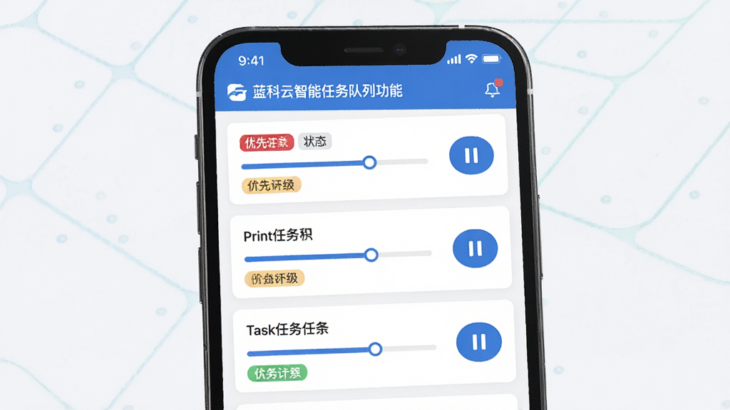 一张展示蓝科云智能任务队列功能的界面图,画面主体为手机屏幕,屏幕中显示打印任务列表,每个任务带有进度条和状态标签,布局为上下排列的卡片式列表,风格为现代扁平化,细节包括优先级标签和暂停按钮,画质高清,画面干净,无多余元素