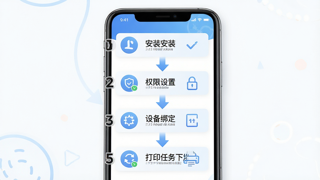 一张展示蓝科云移动端操作步骤的示意图,画面主体为一部手机,屏幕上分步骤展示安装、权限设置、设备绑定和打印任务下发的流程,布局为从上到下的步骤式排版,风格为清新教程风,细节包括数字序号和箭头引导,画质高清,画面干净,无多余元素
