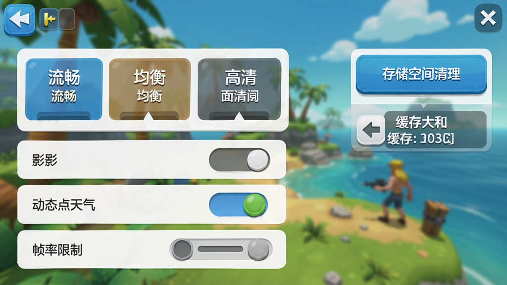 海岛生存王者手机端设置界面截图,画面展示画质调节选项,包括流畅、均衡、高清三档,下方有阴影开关、动态天气开关、帧率限制选项,右侧显示存储空间清理按钮和缓存大小,界面风格简洁明了,背景是模糊的游戏场景,风格为3D卡通,细节丰富,画质清晰,干净,无多余元素
