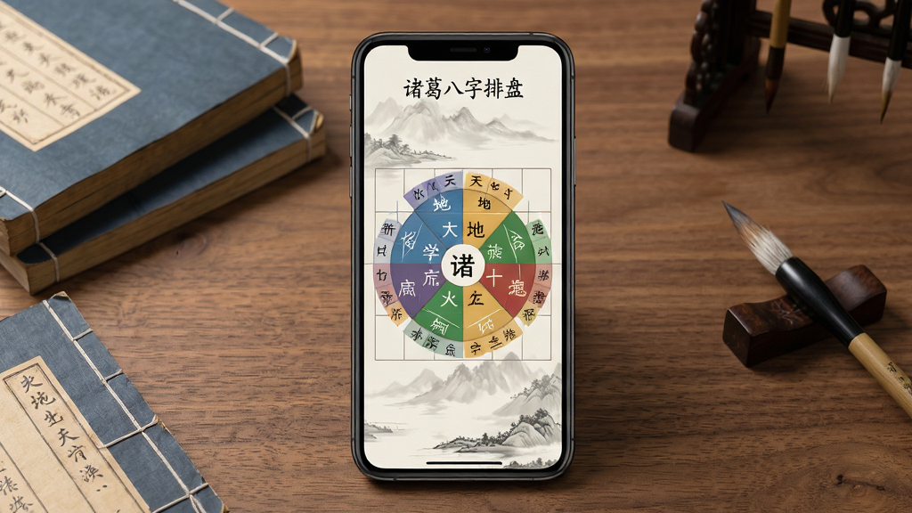 一张展示手机屏幕的图片,屏幕中央显示“诸葛八字排盘”应用主界面,界面包含天干地支排盘表格与五行色彩标注,背景为淡雅的中国风水墨风格,画面布局为手机居中放置于木质桌面上,周围点缀古籍与毛笔,整体风格古朴典雅,细节清晰,画质干净,无多余元素