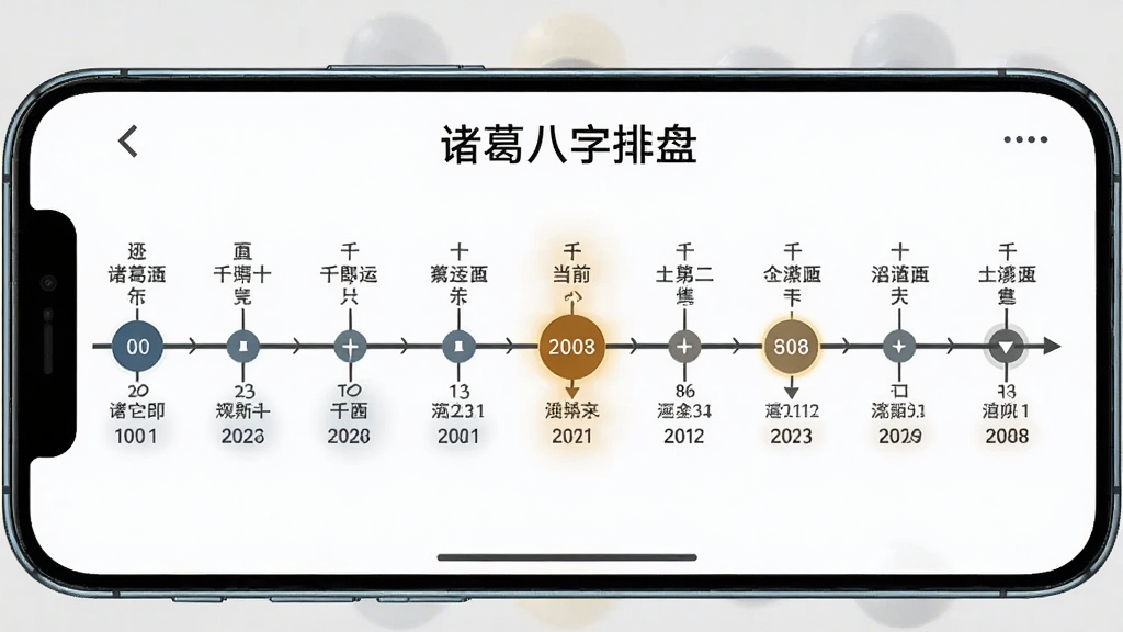 一幅AI生成的示意图,展示“诸葛八字排盘”的大运流年时间轴界面,画面为横向时间线,节点标注干支与年份,布局为手机横屏展示,风格为信息图表式,细节包括高亮当前年份,画质清晰,干净无多余装饰