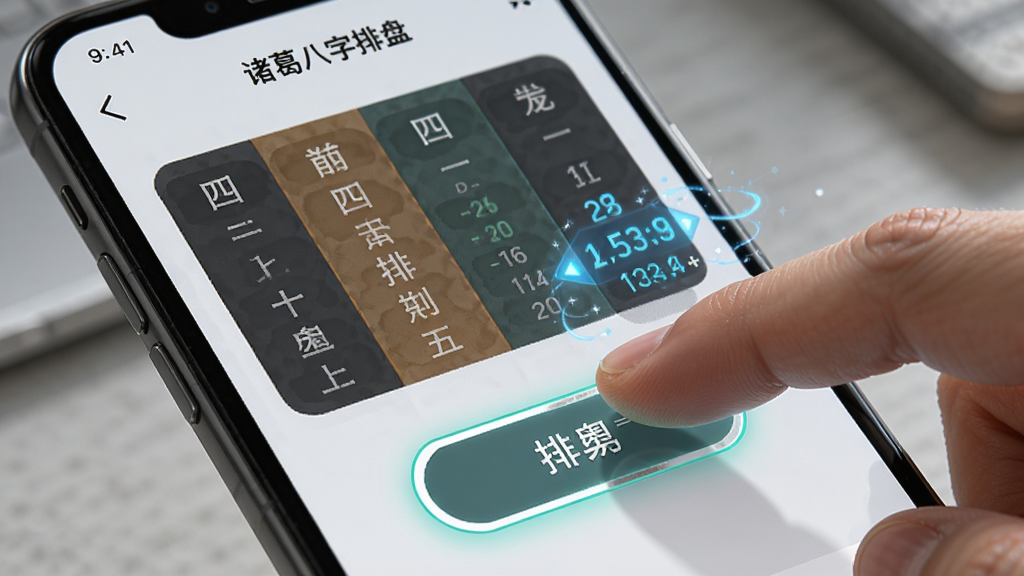 一张AI生成图片,展示“诸葛八字排盘”在手机上的操作界面,画面为手指点击排盘按钮的瞬间,屏幕显示四柱结果,布局为特写手机屏幕,风格为写实UI风格,细节包括按钮高亮与数据动画,画质清晰,干净无杂乱