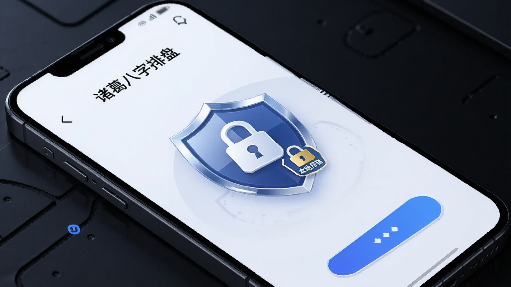 一张AI生成图片,画面为手机屏幕显示“诸葛八字排盘”离线模式界面,屏幕中央有锁形图标与本地存储标识,布局为手机置于深色背景中,风格为安全科技感,细节包括盾牌与数据锁,画质高清,干净简洁