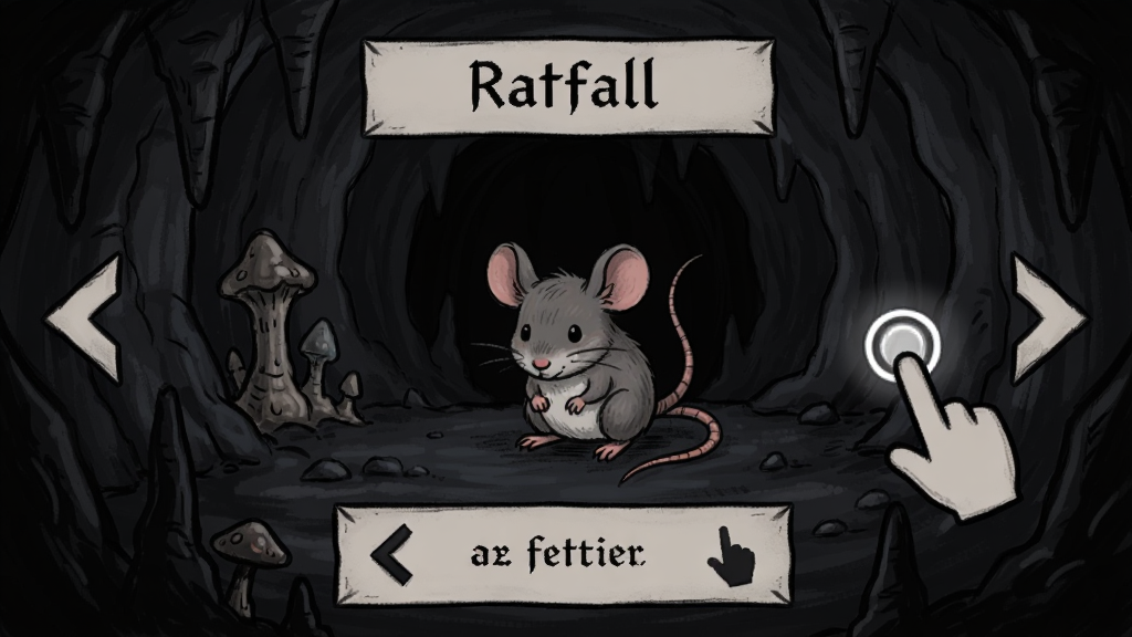 Ratfall游戏新手教程界面,一只小老鼠在洞穴中,屏幕上有手指点击的提示图标,暗黑手绘风格,竖版布局,主体为小老鼠和操作提示,背景为深色洞穴,风格为暗黑奇幻,细节包括左右箭头、手指图标、教学文字框,画质高清,干净,无多余元素