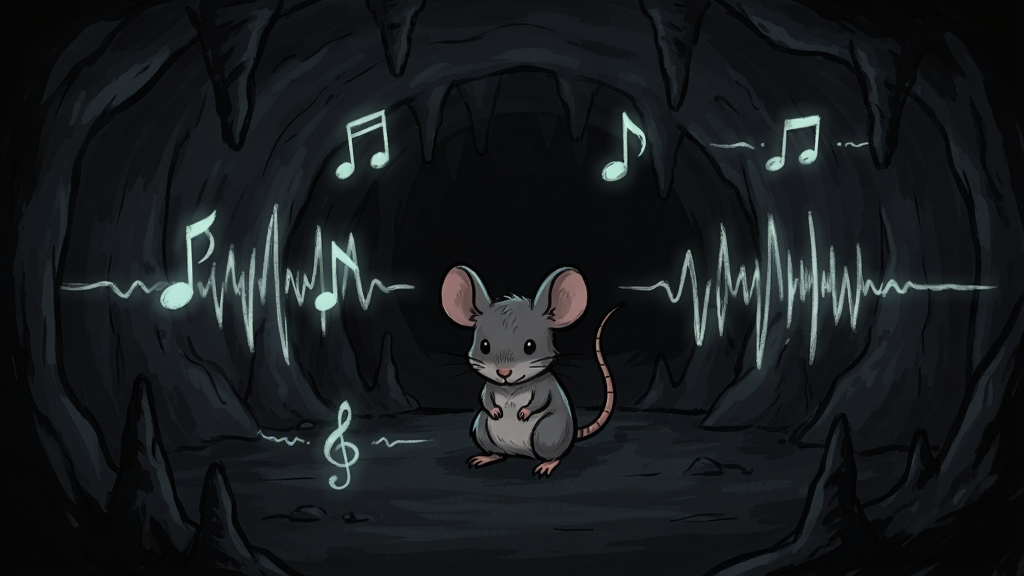 Ratfall游戏音效界面,一只小老鼠在洞穴中,周围有音符和声波图案,暗黑手绘风格,竖版布局,主体为小老鼠和音波视觉效果,背景为深色洞穴,风格为暗黑奇幻,细节包括音符图标、声波线条、发光效果,画质高清,干净,无多余元素