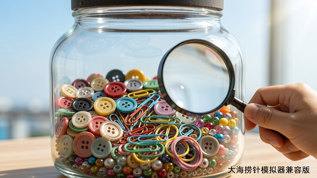 一个巨大的透明玻璃缸里装满了五颜六色的纽扣、回形针、橡皮筋和细小的珠子,缸外有一只手拿着放大镜正在仔细观察,光线明亮,风格写实,细节丰富,画质高清,画面角落有“大海捞针模拟器兼容版”字样