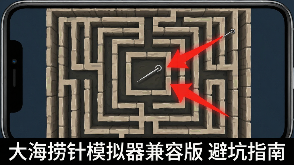一张手机游戏截图,画面中显示一个复杂的迷宫状图案,里面藏着一根细小的针,屏幕边缘有红色的提示箭头指向针的位置,图片下方有文字“大海捞针模拟器兼容版 避坑指南”,风格为教程示意图,画质清晰,干净无多余元素