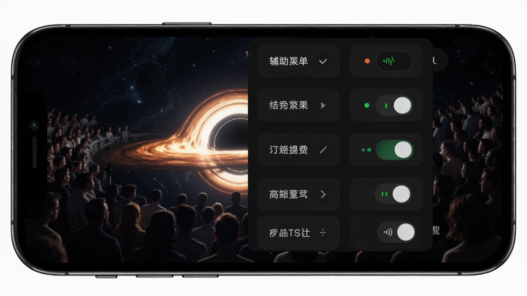生成一张手机界面图,主体为黑洞人群(辅助菜单)免费版的悬浮菜单展开状态,布局为竖屏手机画面,排版上菜单面板位于屏幕中央偏右,风格为暗色科技风,细节包含多个功能开关按钮和状态指示灯,画质清晰干净无多余元素
