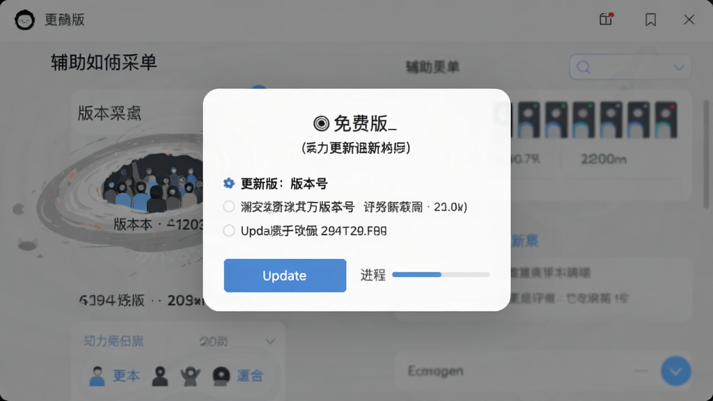 生成一张软件更新界面图,主体为黑洞人群(辅助菜单)免费版的版本更新提示,布局为手机弹窗居中,排版上显示版本号和更新日志,风格为扁平化设计,细节包含更新按钮和进度条,画质清晰干净无多余元素