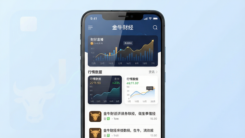 画面主体为一部安卓手机,手机屏幕中显示金牛财经App的首页界面,界面中包含财经直播入口、行情数据卡片与资讯列表。布局采用居中构图,手机置于画面中央,背景为简洁的浅蓝色渐变。排版上手机屏幕内容清晰可见,顶部有