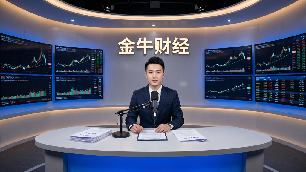 画面主体为一间现代化的财经直播间,主播坐在弧形桌前面对摄像头,背景墙上有