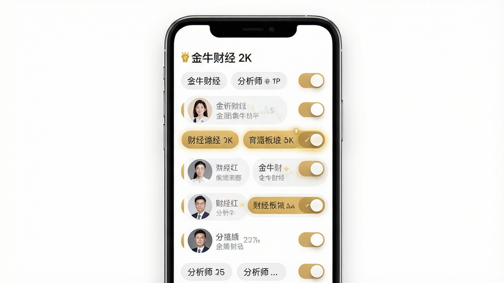画面主体为一部手机屏幕特写,屏幕上显示金牛财经App的订阅管理界面,包含多个可勾选的财经板块标签与分析师头像。布局采用正面平视角度,手机置于纯白色背景中央。排版上标签排列整齐,选中状态以金色高亮显示,顶部有