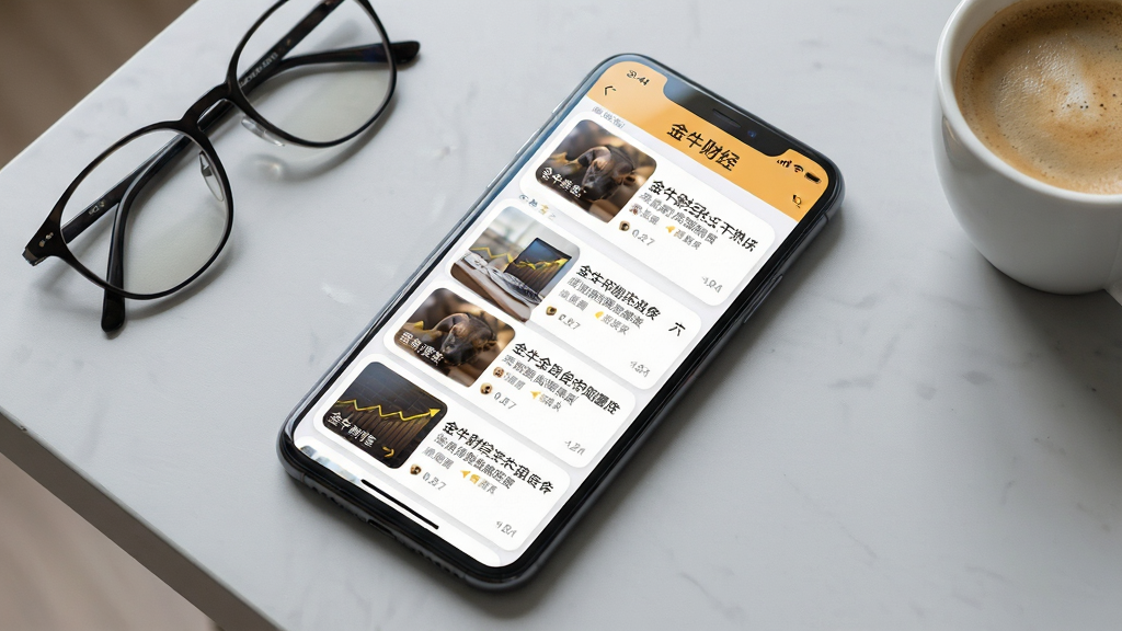 画面主体为一部手机屏幕,屏幕上展示金牛财经App的热点资讯列表,每条资讯配有缩略图与标题文字。布局采用斜45度俯视角度,手机置于浅灰色桌面上,旁边放着一副眼镜与一杯咖啡。排版上资讯卡片整齐排列,顶部有