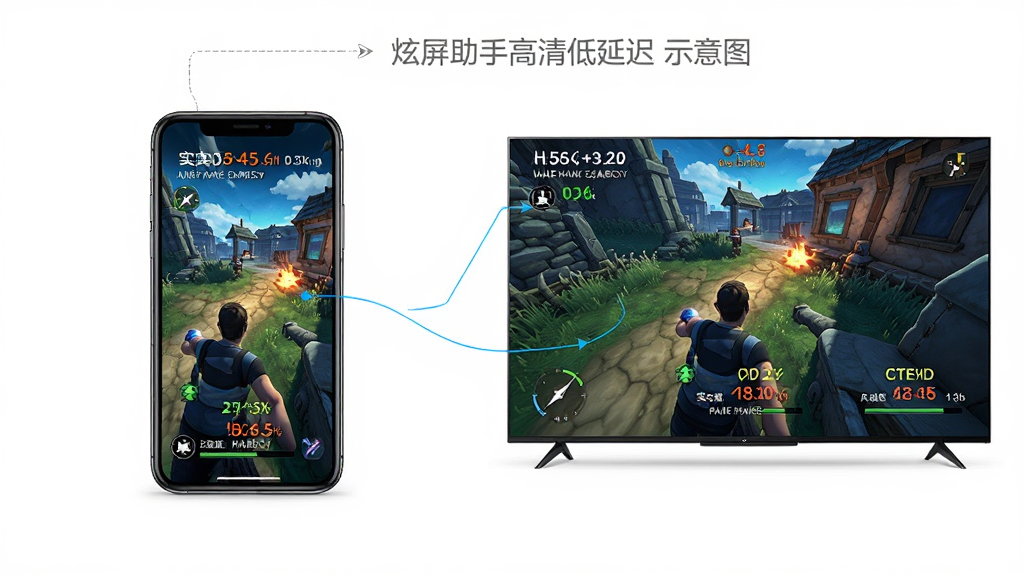 一张炫屏助手高清低延迟特性的示意图,主体是手机游戏画面同步到电视屏幕,布局为手机和电视并排显示相同画面,排版左右对比,风格动感,细节包括画面中显示实时帧率和延迟数据,画质清晰,干净,无多余元素