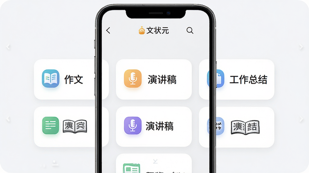 手机屏幕展示“文状元”模板库界面,以网格形式排列多个写作模板卡片,卡片上有“作文”“演讲稿”“工作总结”等文字标签,布局整齐,风格为清新卡片风,细节包含彩色图标和圆角设计,画质高清,干净,无多余元素