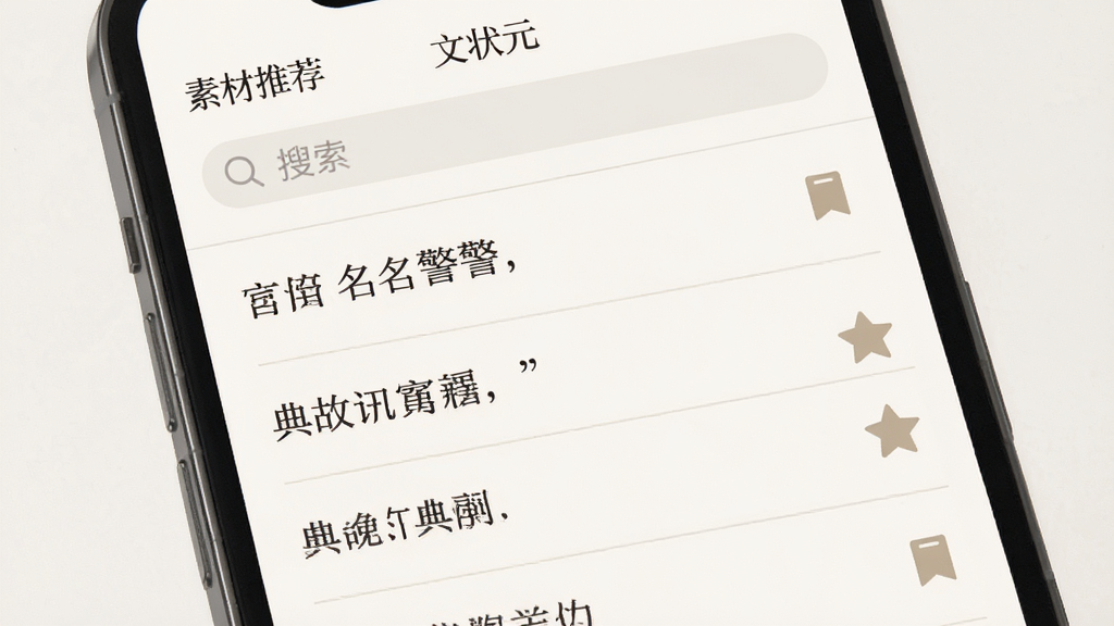 手机界面展示“文状元”素材推荐页面,屏幕上方有搜索框,下方列表展示名言警句和典故条目,每条素材右侧有收藏图标,布局为垂直列表,风格为素雅阅读风,细节包含浅色分割线和简洁字体,画质清晰,干净,无多余元素