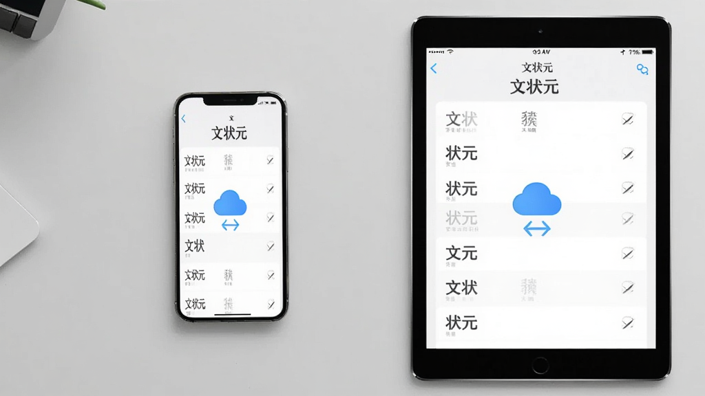一部手机和一台平板电脑并排放在桌面上,两块屏幕都显示“文状元”的文稿列表界面,中间有云朵图标和双向箭头表示同步,布局对称,风格为科技简约风,细节包含浅灰色背景和蓝色同步标识,画质高清,干净,无多余元素