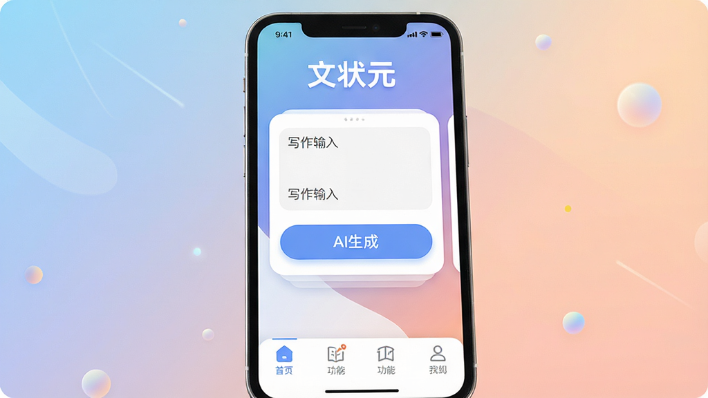 一张展示手机屏幕的图片,屏幕中央显示“文状元”应用主界面,界面顶部有“文状元”文字标识,中部为写作输入框和AI生成按钮,底部为功能导航栏,布局简洁清晰,风格为现代扁平化科技风,细节包含圆角卡片和柔和渐变背景,画质高清,干净,无多余元素