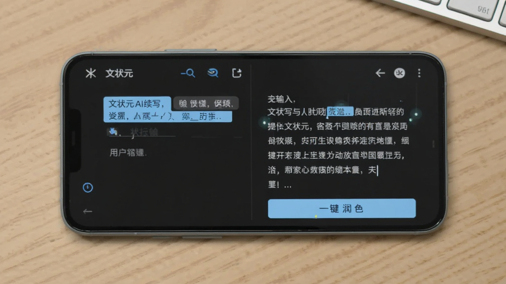 一部安卓手机放在木质桌面上,屏幕显示“文状元”的AI续写界面,左侧是用户输入的文字,右侧是AI自动生成的续写段落,界面有“一键润色”按钮,布局左右分栏,风格为简约办公风,细节包含浅蓝色高亮和文字光标,画质清晰,干净,无多余元素