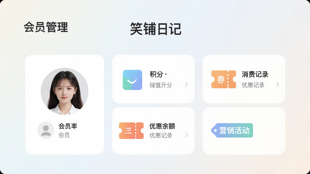 笑铺日记 会员管理页面 会员头像 积分 储值余额 消费记录 优惠券图标 营销活动标签 柔和浅色背景 布局整齐 高清画质 干净 无多余元素
