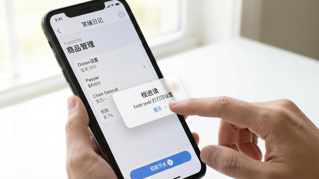 笑铺日记 手机端操作界面 商品管理 打印设置 权限开关 提示弹窗 手部操作特写 明亮室内光线 高清画质 干净 无多余元素