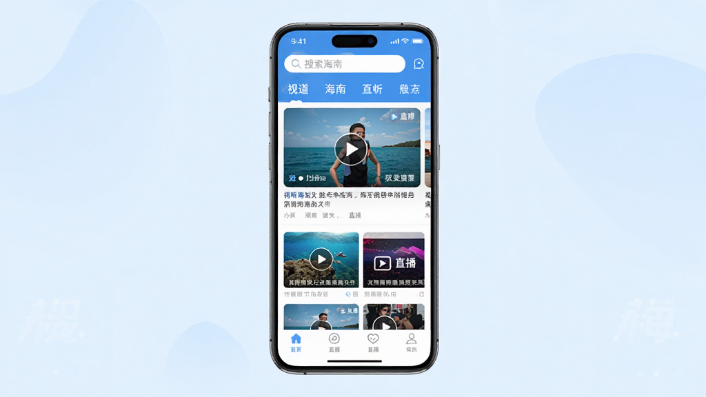 一张手机屏幕展示视听海南应用主界面的预览图,画面中央是一台竖屏智能手机,手机屏幕上显示视听海南的首页界面,顶部有搜索栏和频道分类标签,中部是视频推荐卡片和直播入口,底部为导航栏,背景为淡蓝色渐变,风格简洁现代,细节清晰,画质干净,无多余元素