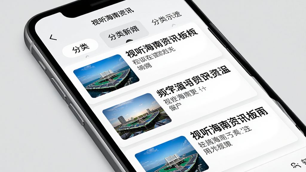 一张展示视听海南资讯板块的界面示意图,画面为一部手机特写,屏幕中显示新闻列表页面,每条新闻配有缩略图和标题文字,顶部有分类筛选标签,背景为浅灰色,风格简约商务,排版整齐,细节清晰,画质干净,无多余元素