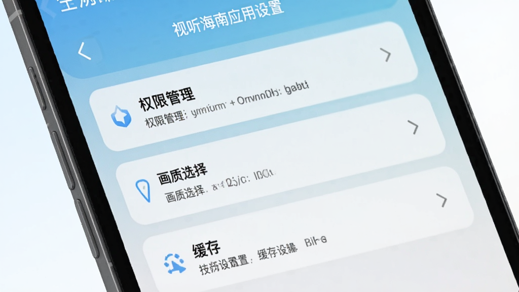 一张展示视听海南应用设置界面的示意图,画面为手机屏幕特写,界面中显示权限管理、画质选择、缓存设置等选项,背景为浅色渐变,风格简洁实用,排版清晰,细节到位,画质干净,无多余元素
