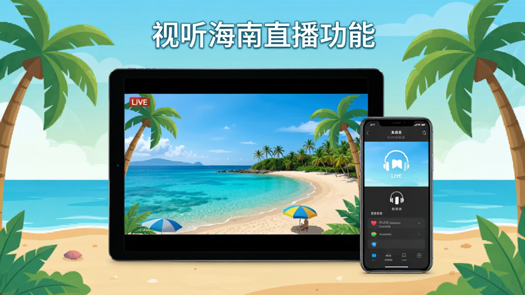 一张展示视听海南直播功能的宣传图,画面主体是一台平板电脑和一部手机并排摆放,平板屏幕上播放着海南风景的电视直播画面,手机屏幕上显示广播收听界面,背景为海滩和椰树的插画风格,排版居中,风格清新明快,细节丰富,画质干净,无多余元素
