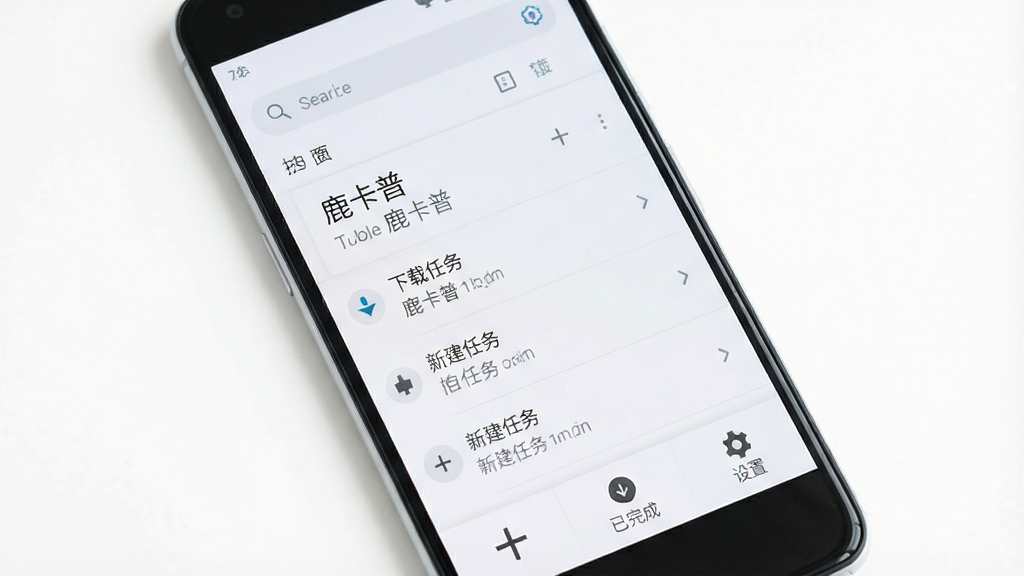 一张手机屏幕正面展示图,画面中央是名为“鹿卡普”的安卓应用主界面,界面采用浅色简约风格,顶部显示搜索框,中部为下载任务列表,底部有“新建任务”“已完成”“设置”三个图标按钮,手机周围干净无杂物,背景为纯白色,整体风格清爽现代,画质清晰,无多余元素