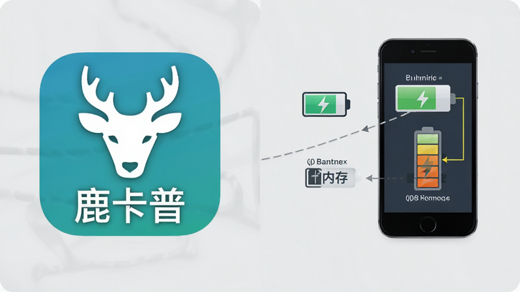 一张对比示意图,左侧为“鹿卡普”应用图标,右侧为手机电池与内存占用示意图,画面中用简洁的图标表示低功耗与低内存占用,背景为浅灰色,风格干净商务,画质清晰,无多余元素