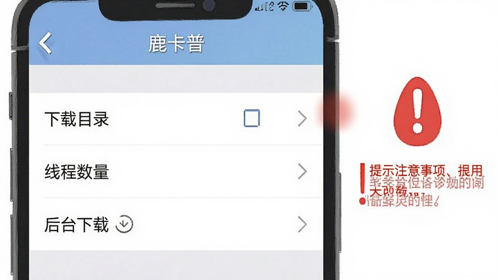 一张手机屏幕截图风格示意图,画面中“鹿卡普”应用显示设置页面,包含“下载目录”“线程数量”“后台下载”等选项,界面简洁,旁边有红色感叹号标识提示注意事项,整体风格清晰直观,画质干净,无多余元素