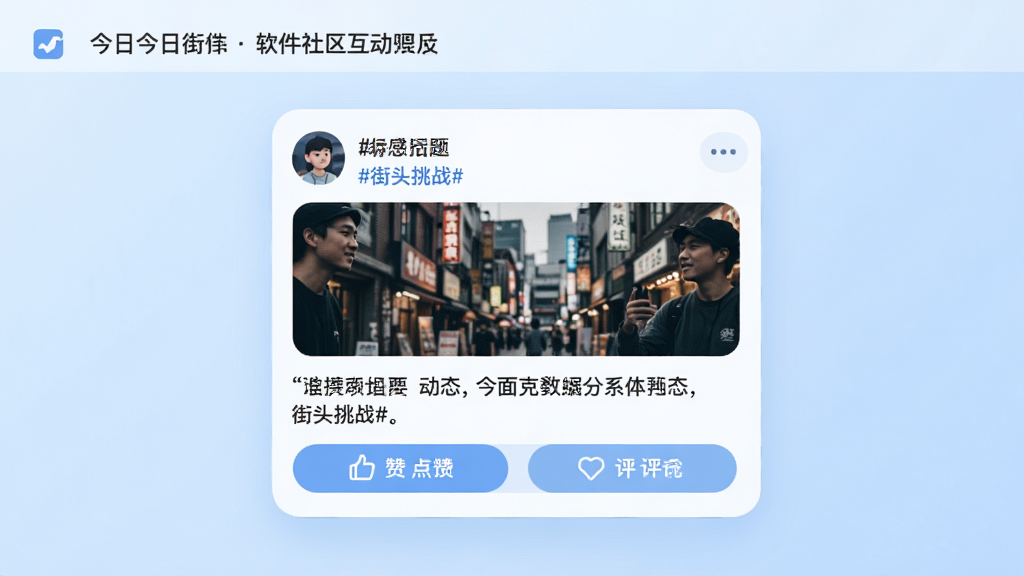 今日街头软件社区互动界面,画面展示用户发布挑战话题的动态卡片,包含图片、文字描述、点赞评论按钮,背景为淡蓝色渐变,风格为圆角卡片式设计,细节包括用户头像、话题标签“#街头挑战#”、互动图标,画质清晰,干净整洁
