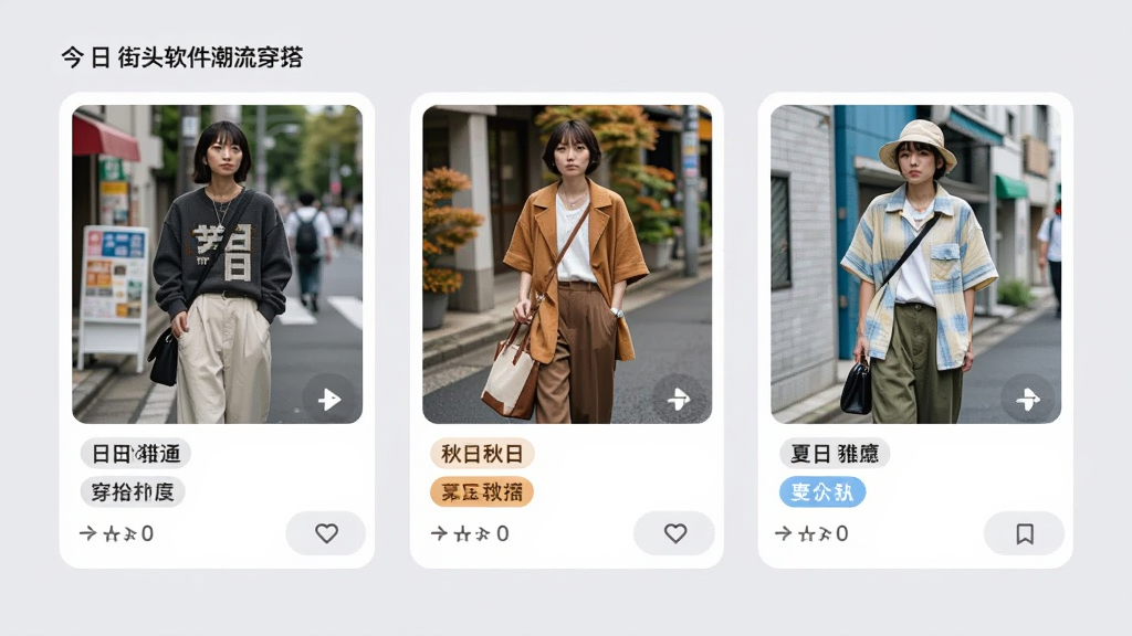 今日街头软件潮流穿搭板块界面,画面展示三张并排的穿搭卡片,分别对应日式、秋日、夏日风格,卡片内有人物街拍与搭配标签,背景为柔和浅灰色,风格为清新简约,细节包括穿搭关键词标签、点赞图标、收藏按钮,画质清晰,干净整洁