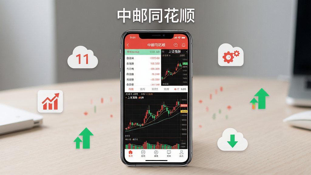 中邮同花顺手机应用界面展示图,主体为一部竖屏智能手机,屏幕中显示中邮同花顺App首页行情列表与K线图,布局为手机居中放置于浅色桌面,周围搭配简约的金融数据图标与红绿涨跌元素,排版采用上下结构上方为软件名称“中邮同花顺”下方为手机主体,风格为现代科技金融风,细节包含清晰的自选股板块、上证指数走势、底部导航栏,画质高清、干净、无多余元素