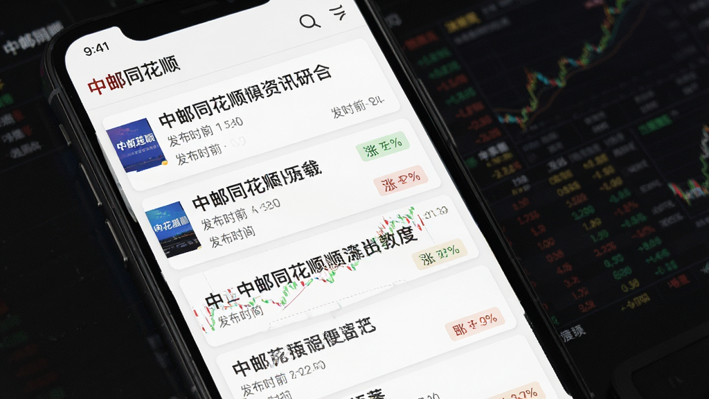 中邮同花顺资讯研报页面,主体为手机屏幕显示财经新闻列表与研报摘要卡片,布局为纵向信息流排列,排版采用图文混排形式,风格为清爽阅读风,细节包含“中邮同花顺”字样、新闻标题、发布时间、涨跌标签,画质高清、干净、无多余元素