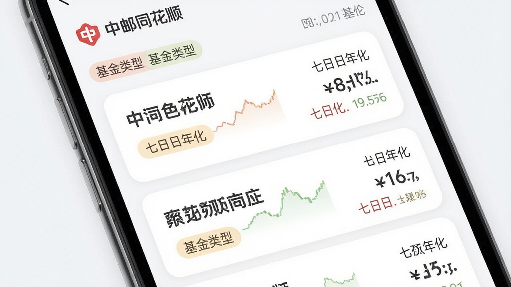 中邮同花顺理财商城基金列表界面,主体为手机屏幕显示多款基金产品卡片,布局为纵向卡片式排列,排版采用左侧基金名称右侧收益率的结构,风格为柔和圆角金融风,细节包含“中邮同花顺”标识、基金类型标签、七日年化数字,画质高清、干净、无多余元素