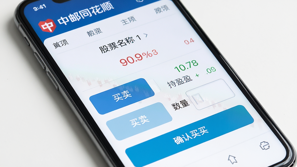 中邮同花顺在线交易下单界面,主体为手机屏幕显示股票买入委托页面,布局为上方股票名称与价格下方为买卖按钮和数量输入框,排版采用上下分层结构,风格为简洁商务风,细节包含“中邮同花顺”标识、持仓盈亏数字、确认买入按钮,画质高清、干净、无多余元素