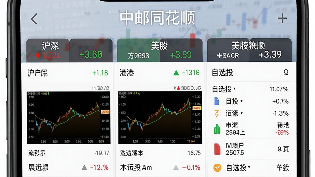 中邮同花顺多市场行情展示界面,主体为手机屏幕中呈现沪深、港股、美股三个行情标签页并列布局,屏幕上方显示“中邮同花顺”文字标识,排版为横向三栏式信息流,风格为扁平化金融科技风,细节包含红绿涨跌数字、分时走势小图、自选股列表,画质高清、干净、无多余元素