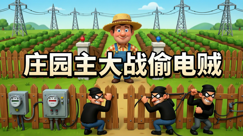 卡通风格庄园场景,一位戴着草帽的庄园主站在庄园大门前,身后是整齐的农田与电力设施,前方几个鬼鬼祟祟的偷电贼正试图翻越围栏,画面中央用大号字体写着“庄园主大战偷电贼”,布局为横向构图,主体居中,排版清晰,风格为美式卡通渲染,细节包括篱笆、电表箱、偷电贼的滑稽表情,画质高清,干净,无多余元素