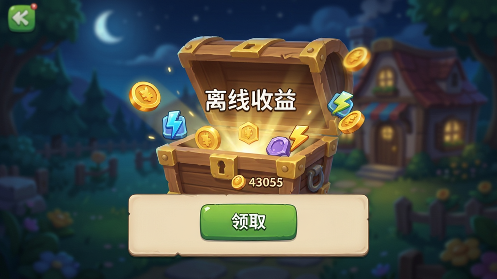 离线收益结算弹窗界面风格,画面中央为一个木质宝箱打开,周围有金币和电力符号飘出,背景为模糊的庄园夜景,主体为宝箱和资源图标,布局为居中弹窗,排版简洁,风格为休闲游戏UI,细节包括“离线收益”文字、领取按钮、资源数量,画质高清,干净,无多余元素